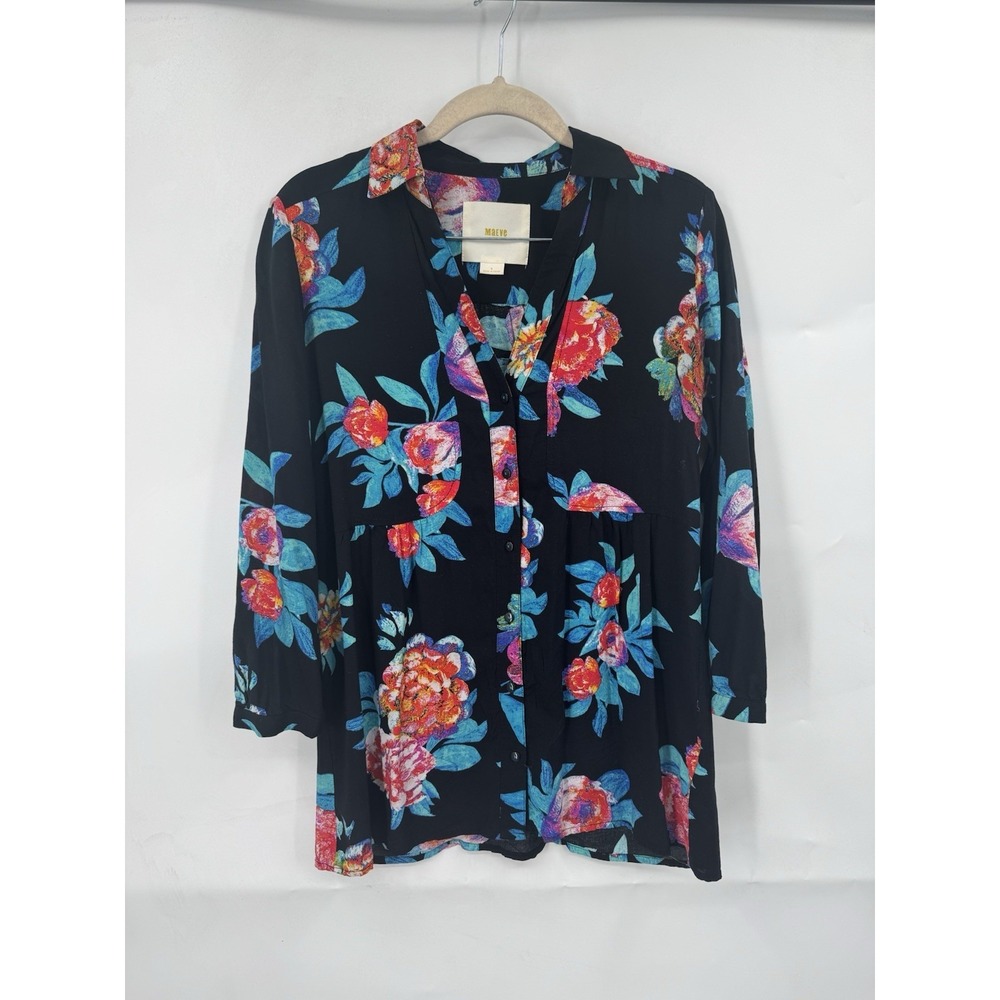 Maeve Anthropologie Women's Woodland Walk Black Floral Button Down Blouse Size 6